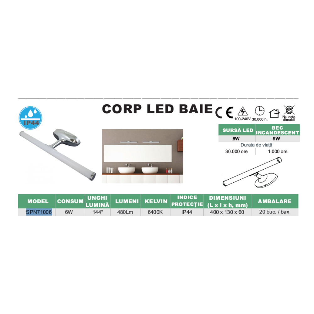 Corp LED baie inox, 6W, 6500K, lumina rece, cu protectie IP44, 400mm