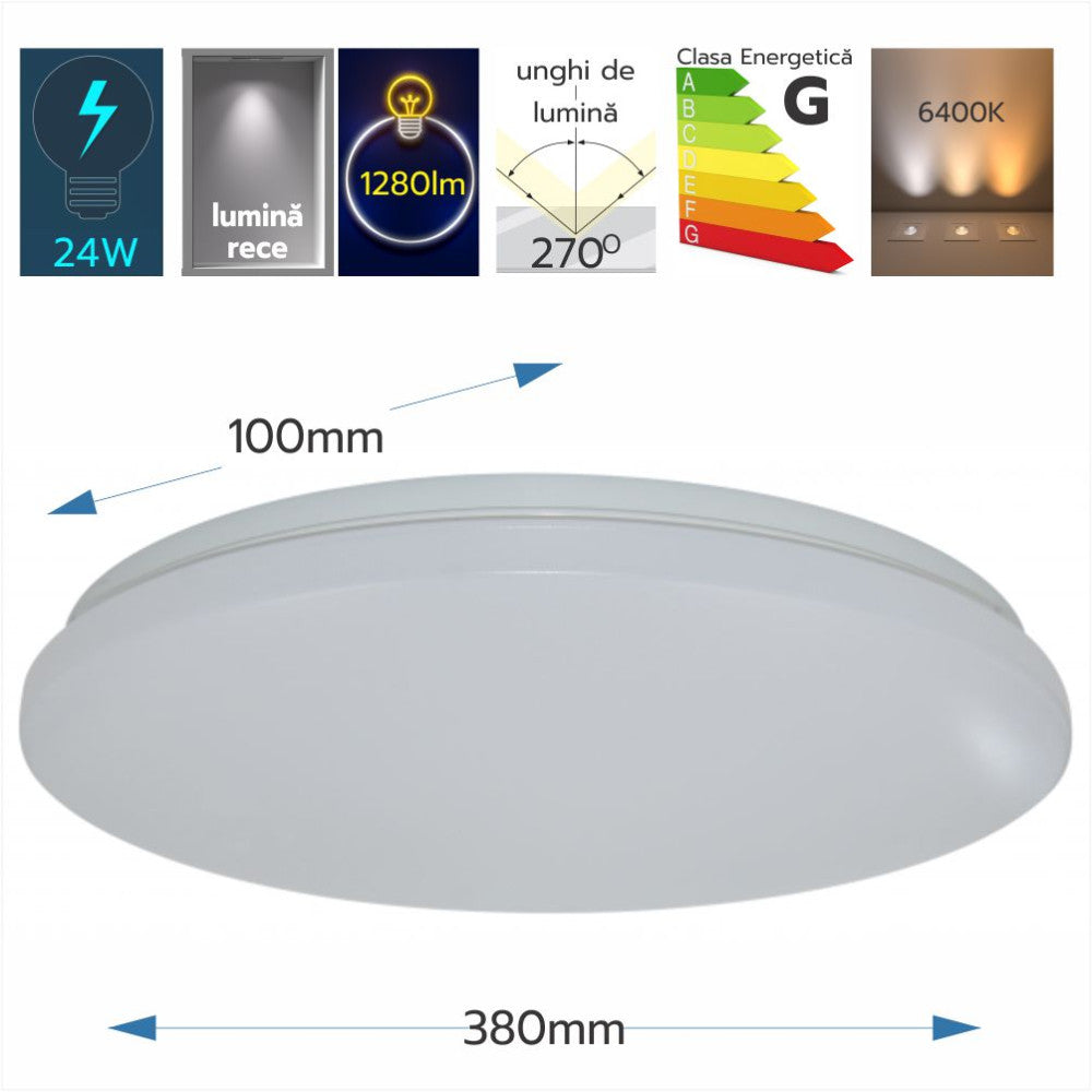 Plafoniera LED Milky fi380 24W=200W, 6400K, lumina rece