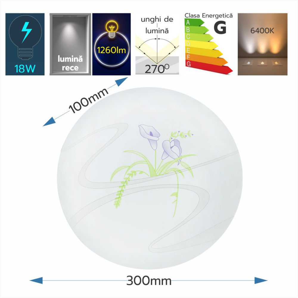 Plafoniera LED Flower fi300 18W=120W, 6500K, lumina rece