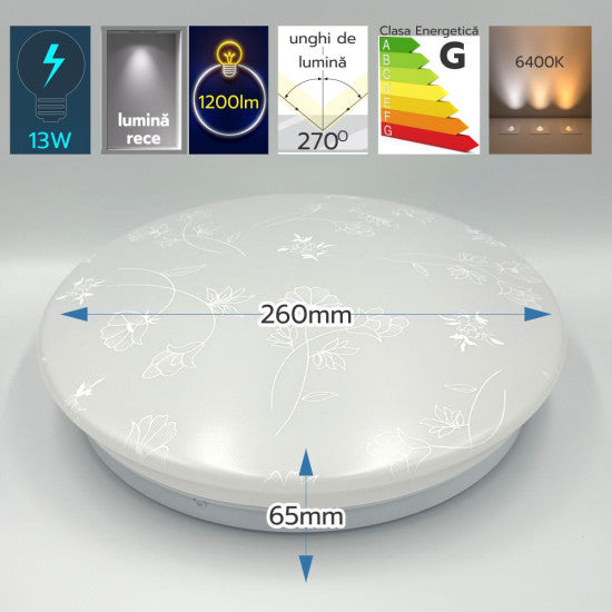 Plafoniera LED Flower, 260x35mm, 13W=75W, 6400K, lumina rece