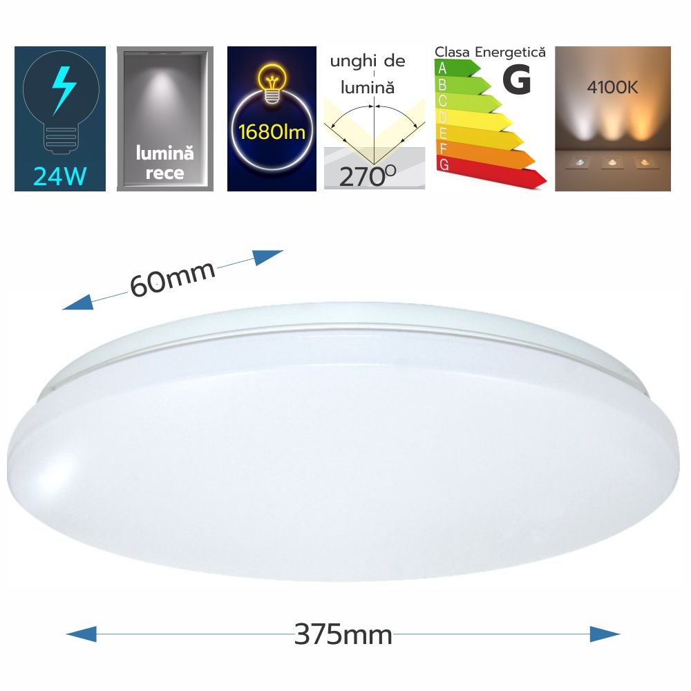 Plafoniera Led Slim Milky 24W=200W, Ã˜375 mm, 6500k, lumina rece