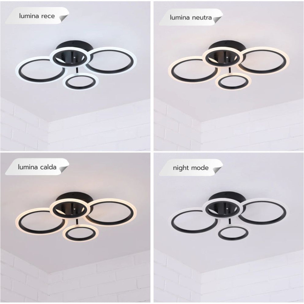 LUSTRA LED CERCURI NEAGRA 56W CU 4 BRATE 3 CULORI+IR 580mm x 90mm