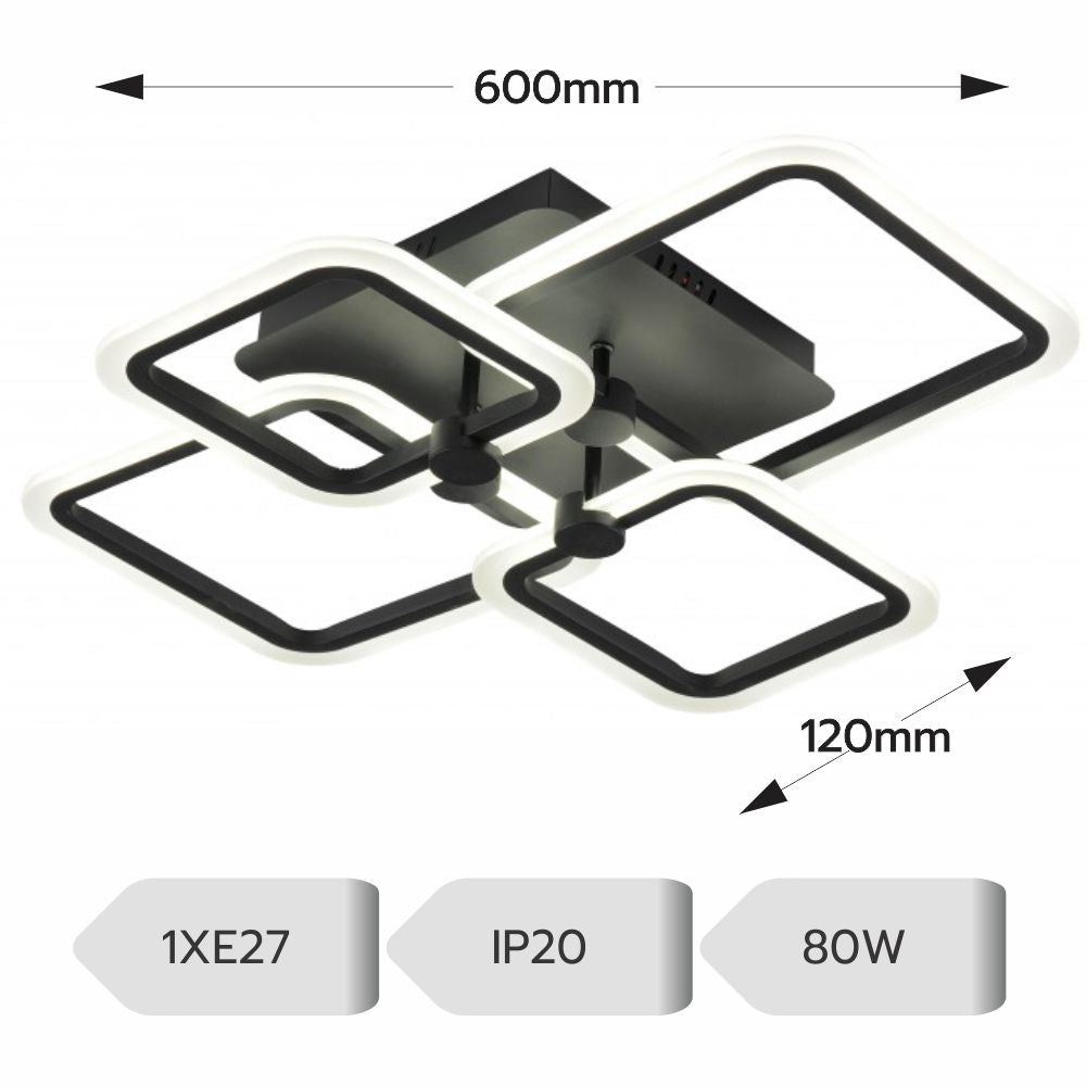 LUSTRA LED PATRATA NEAGRA 80W CU 4 BRATE 3 CULORI+IR 600x120mm