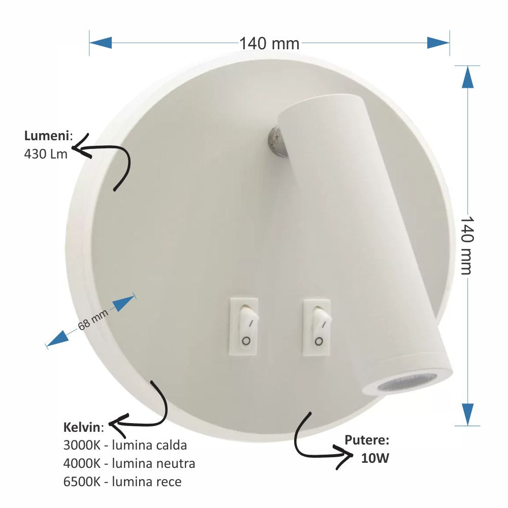 Aplica LED alba cu spot 10w 430lm 3000k-4000k-6500k 140mm*140mm*68mm