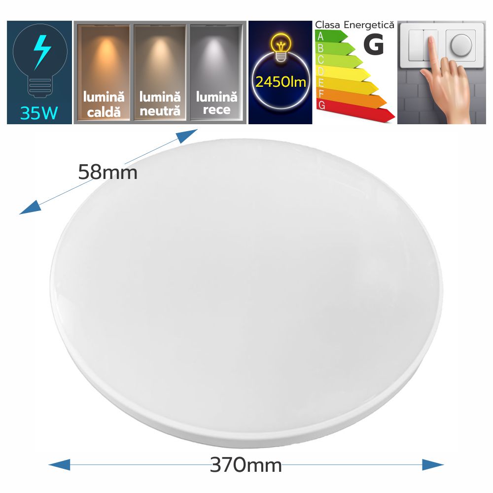 Plafoniera led ECO IP40 Rotunda Alba Fi370, 35W, 6500K, lumina rece