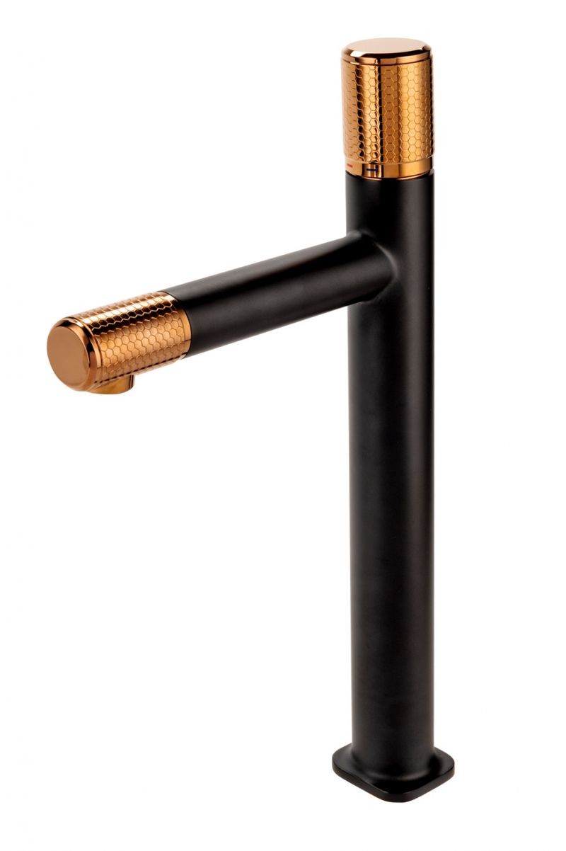 FDesign Baterie Lavoar Inalta Ardesia Cu Ventil Click-Clack, Negru-Roz Auriu, Seria: ARDESIA