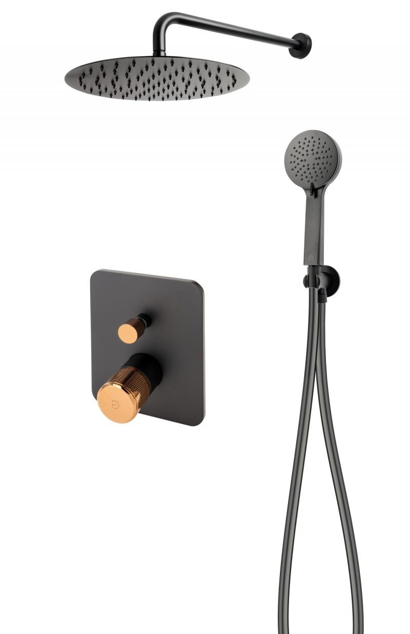 FDesign Sistem Dus 6 In 1 Ardesia, Baterie Incastrata 2 Iesiri, Cap Dus Fix, Brat, Para, Furtun Si Racord Pentru Baterie Incastrata, Negru-Roz Auriu, Seria: ARDESIA