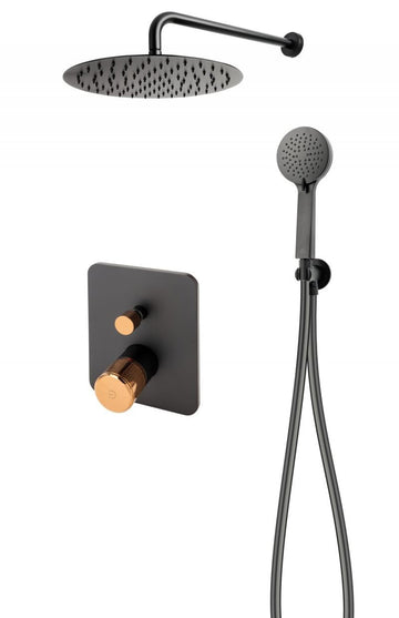 FDesign Sistem Dus 6 In 1 Ardesia, Baterie Incastrata 2 Iesiri, Cap Dus Fix, Brat, Para, Furtun Si Racord Pentru Baterie Incastrata, Negru-Roz Auriu, Seria: ARDESIA