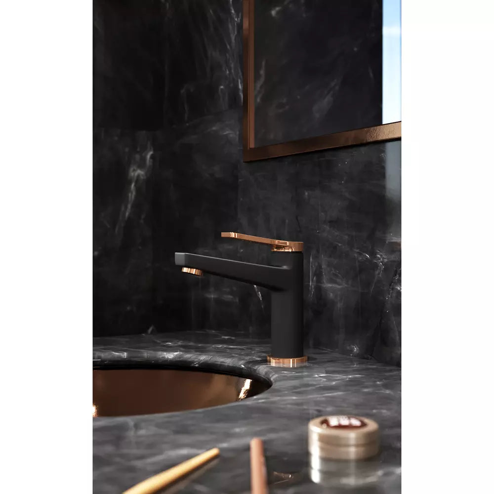 Baterie lavoar FDesign Seppia cu ventil click-clack, negru-roz auriu