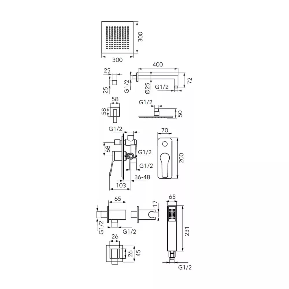 Sistem dus 6 in 1 FDesign Seppia baterie incastrata 2 iesiri, cap dus fix, brat, para, furtun si racord pentru baterie incastrata, crom