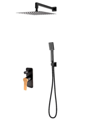 FDesign Sistem Dus 6 In 1 Seppia, Baterie Incastrata 2 Iesiri, Cap Dus Fix, Brat, Para, Furtun Si Racord Pentru Baterie Incastrata, Negru-Roz Auriu, Seria: SEPPIA