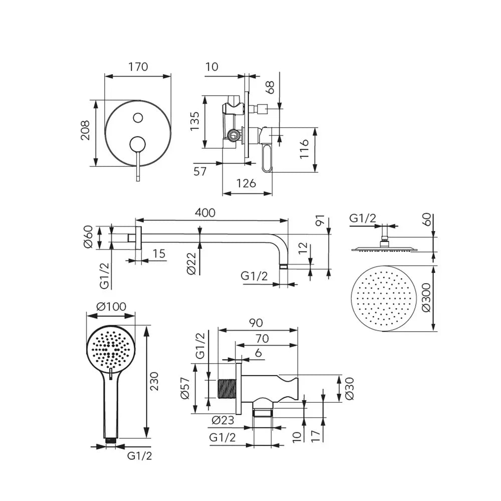 Sistem dus 6 in 1 FDesign Zaffiro baterie incastrata 2 iesiri, cap dus fix, brat, para, furtun si racord pentru baterie incastrata, negru-roz auriu, fixa