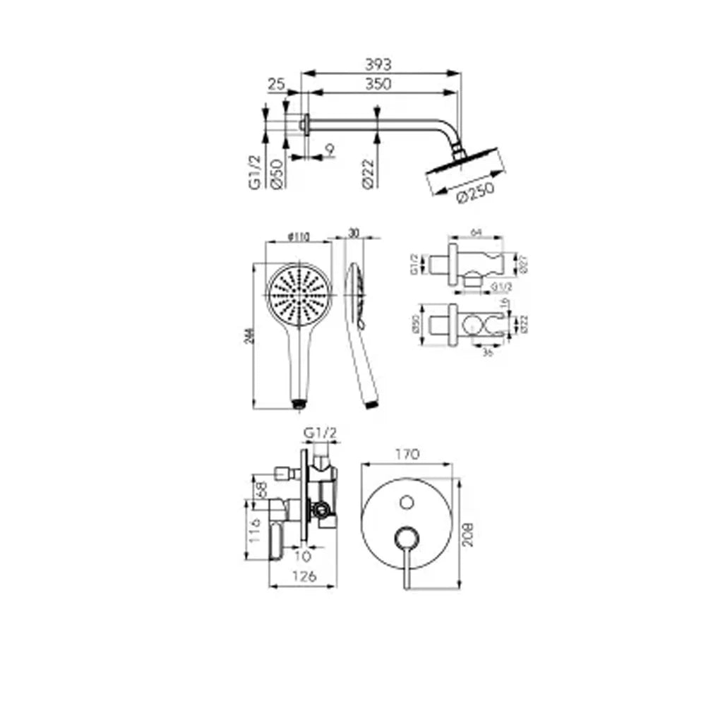 Sistem dus 6 in 1 FDesign Zaffiro baterie incastrata 2 iesiri, cap dus fix, brat, para, furtun si racord pentru baterie incastrata, alb mat, aluminiu