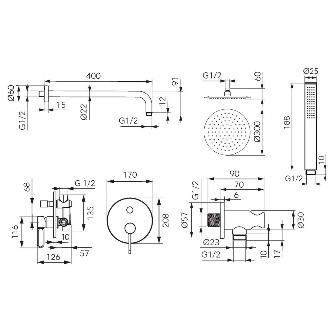 Sistem dus 6 in 1 FDesign Zaffiro baterie incastrata 2 iesiri, cap dus fix, brat, para, furtun si racord pentru baterie incastrata, auriu lucios