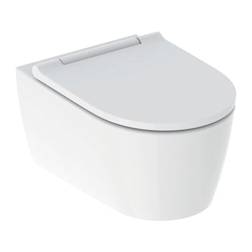 Vas WC one Geberit suspendat, rimless, 54X37, cu capac slim soft close, ornament crom, fixare complet acunsa
