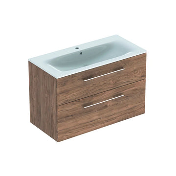 Mobilier 100 cm selnova Geberit square cu lavoar, 2 sertare, nuc american hickory, nuc