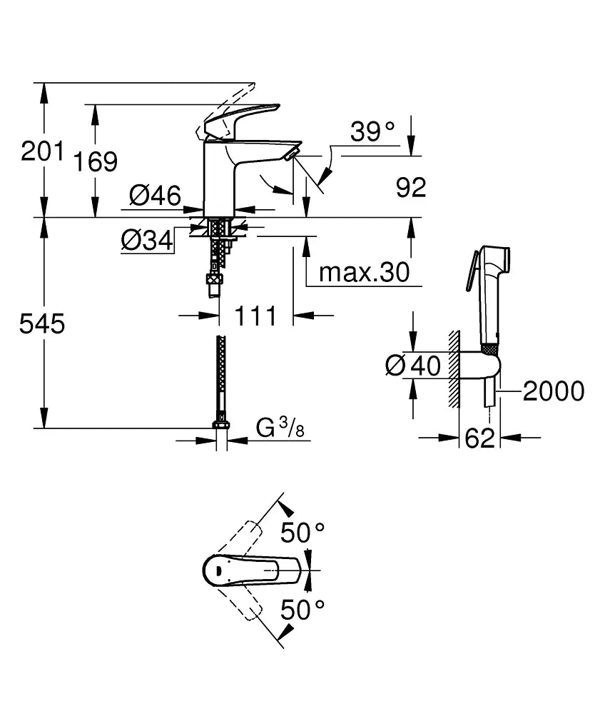 Baterie lavoar Grohe Eurosmart hygienica S-Size new matte black, crom lucios