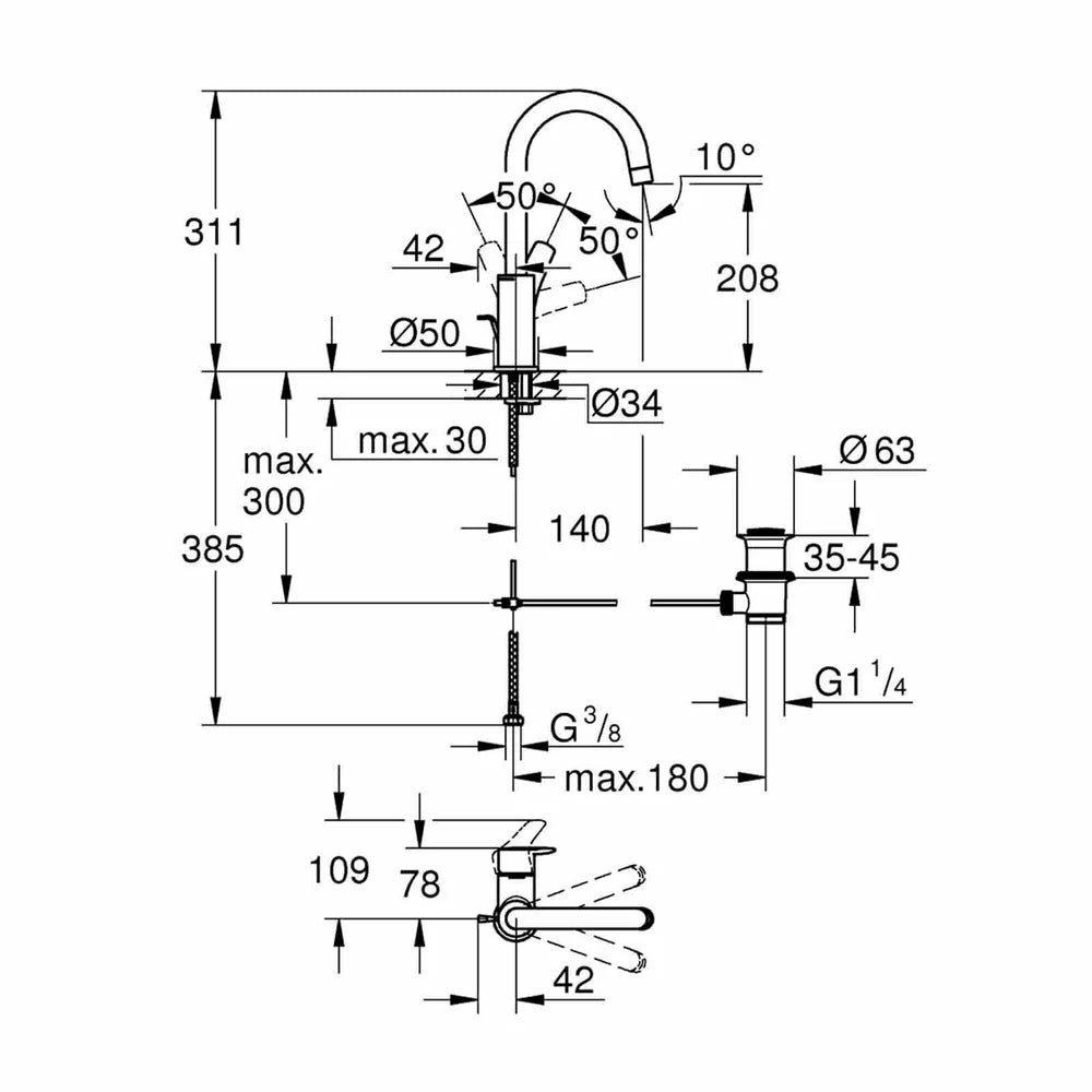 Baterie lavoar Grohe Eurosmart L-Size new, 3/8'', monocomanda, pivotanta, cartus ceramic
