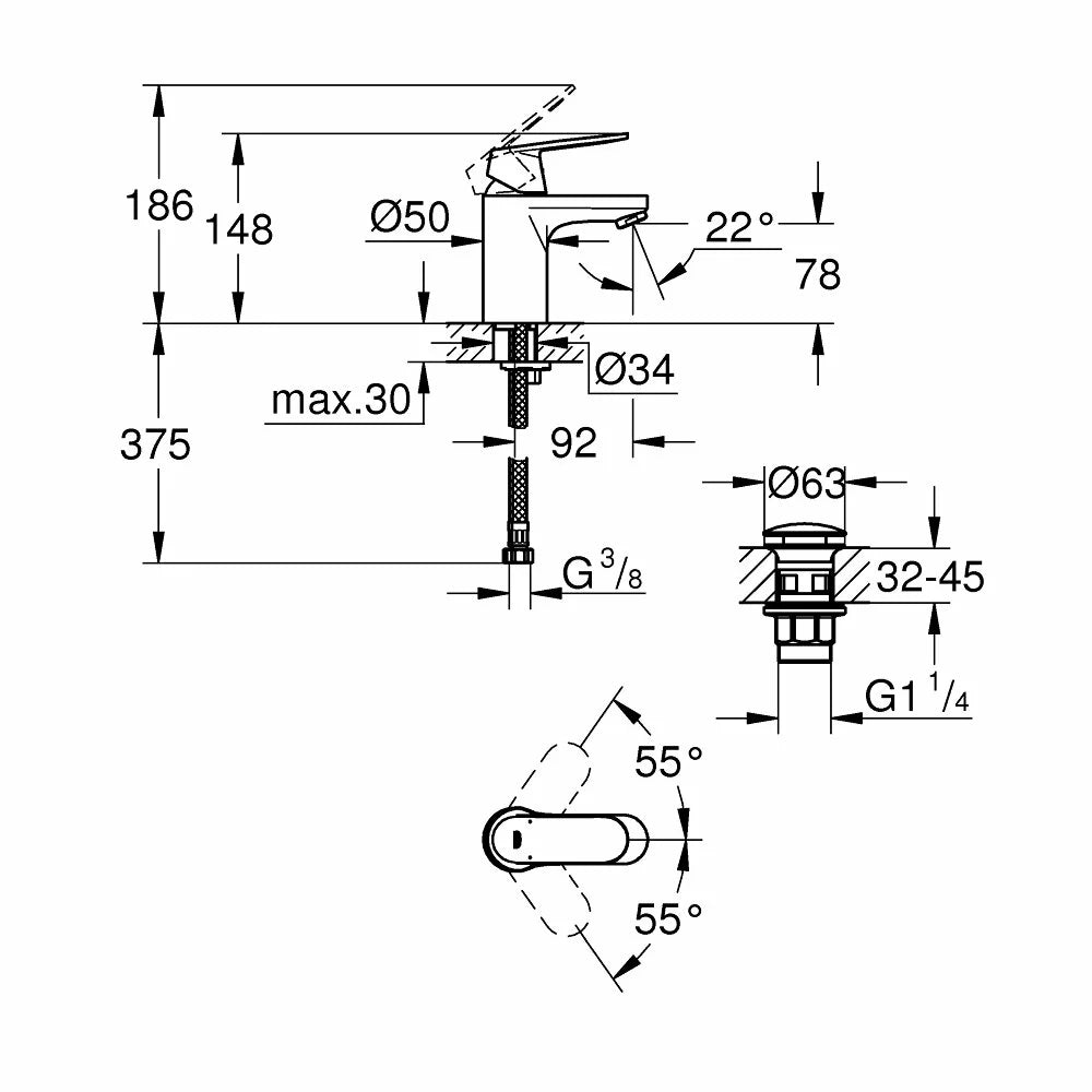 Baterie lavoar Grohe Eurosmart Cosmopolitan S-Size new fara ventil, crom lucios, push-open