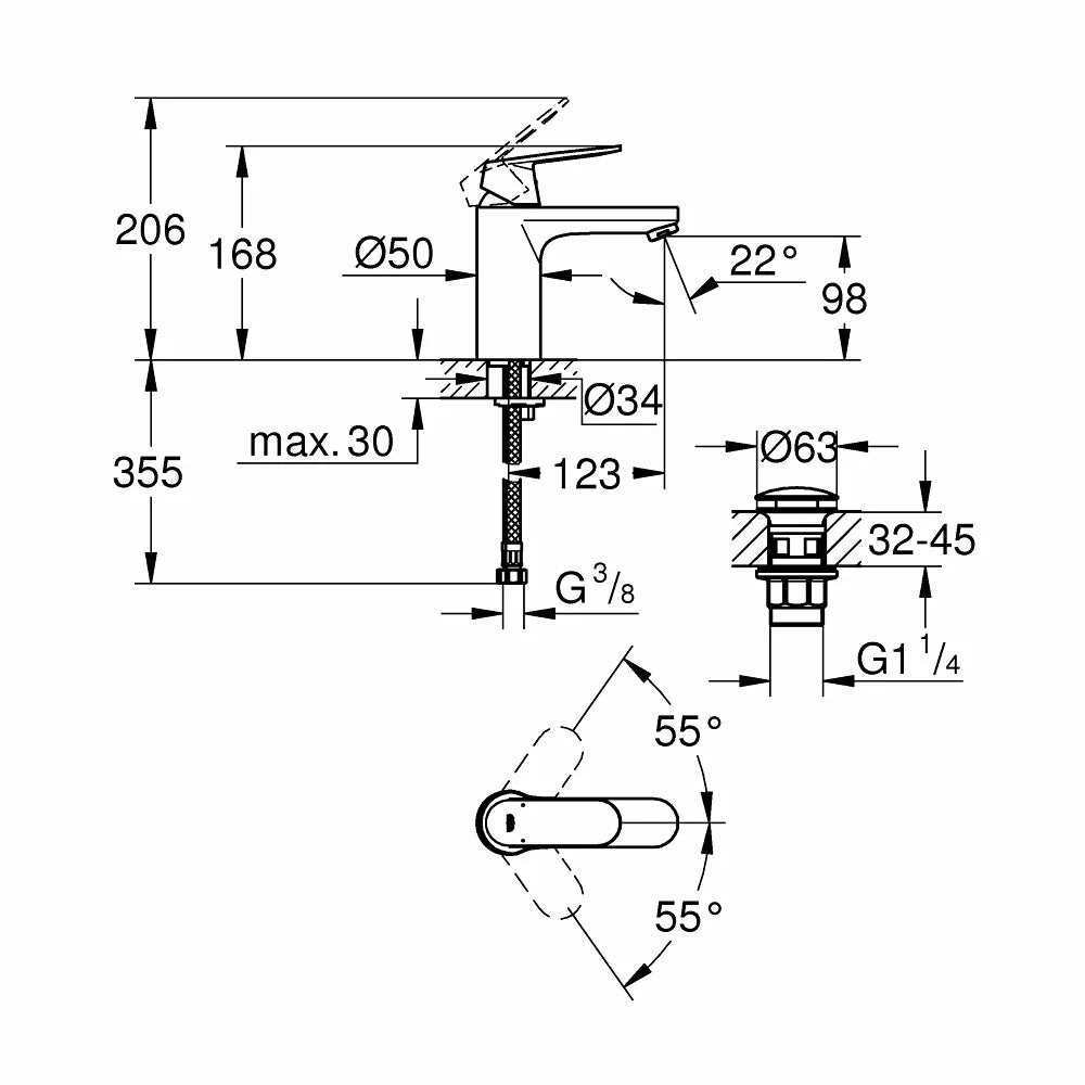 Baterie lavoar Grohe Eurosmart Cosmopolitan M-Size new fara ventil, crom lucios, push-open