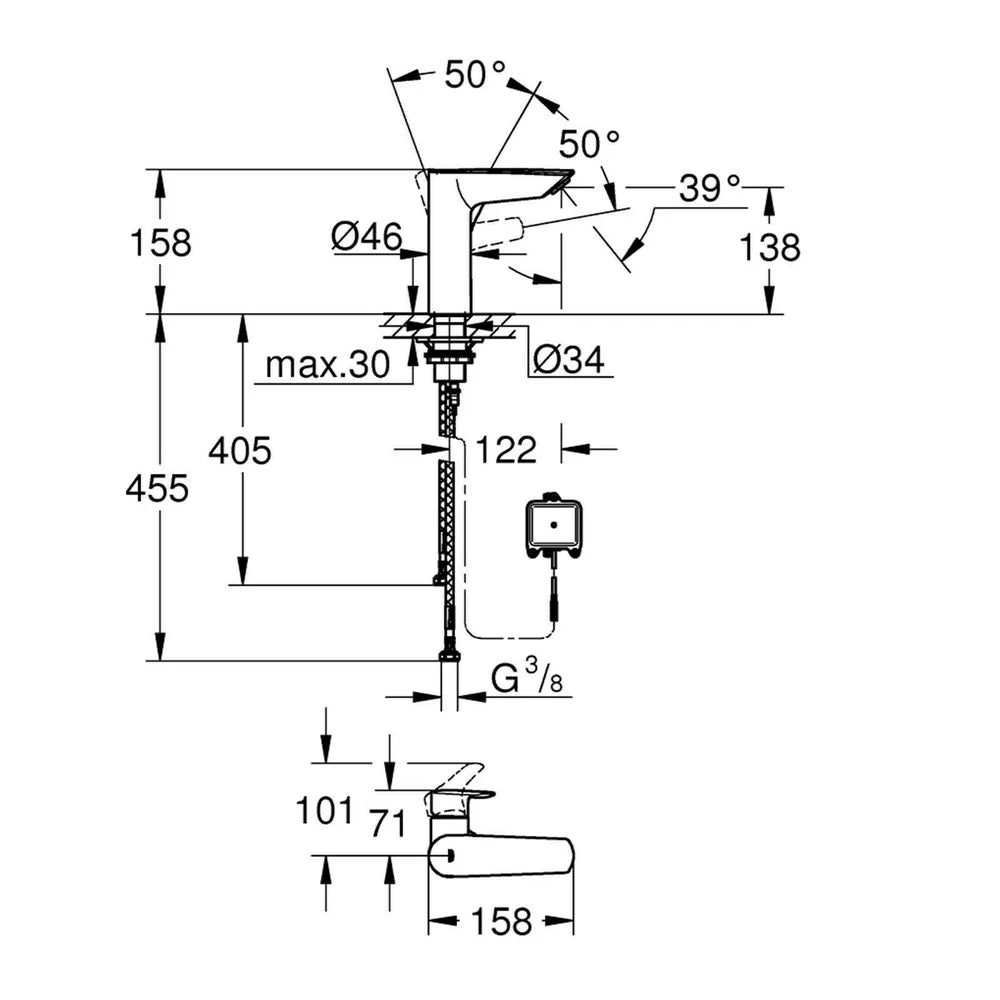 Baterie electronica lavoar Grohe Eurosmart 2IN1 hybrid, 6V, cu maner aparent