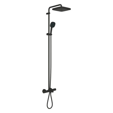 Sistem dus new tempesta Grohe cosmopolitan 250 cube termostatata cu pipa cada matte black, crom lucios