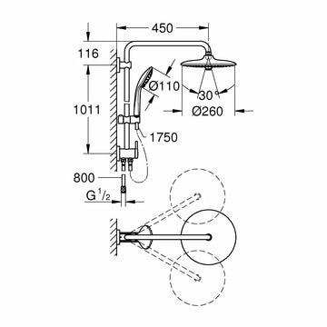 Sistem dus euphoria Grohe 260 cu schimbator brat dus 450 mm, otel inoxidabil
