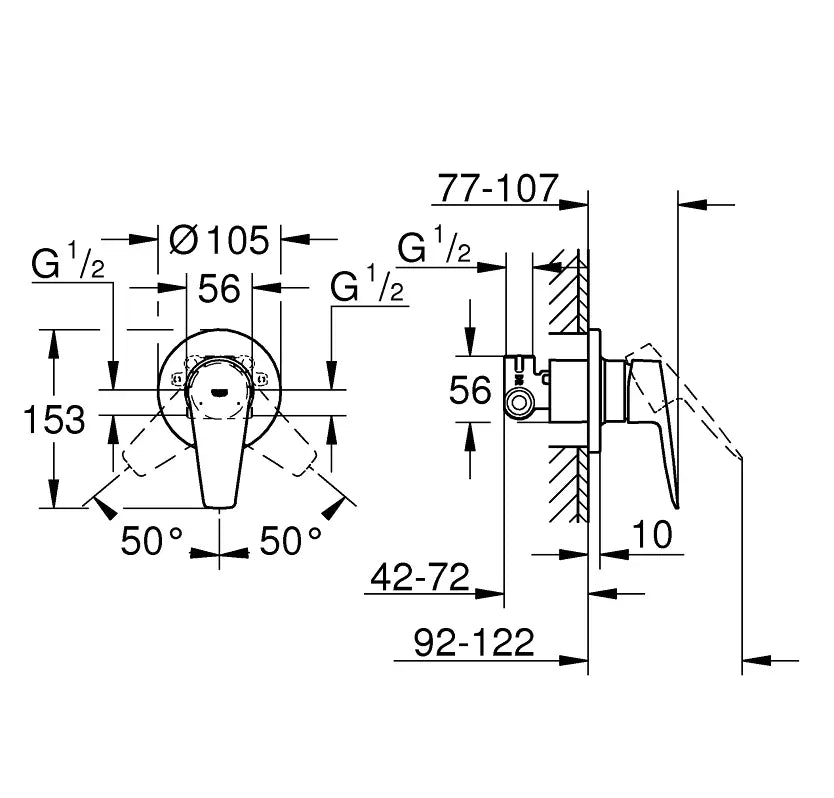 Baterie dus Grohe Bau Edge incastrata D.105, montaj incastrat