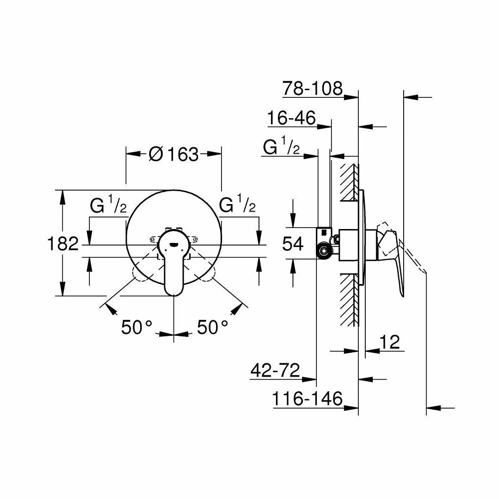 Baterie dus Grohe Bau edge incastrata, montaj incastrat