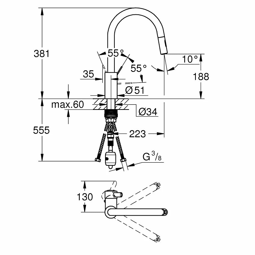 Baterie bucatarie Grohe Eurosmart cosmopolitan pipa inalta 382 cu dus extractibil, crom lucios