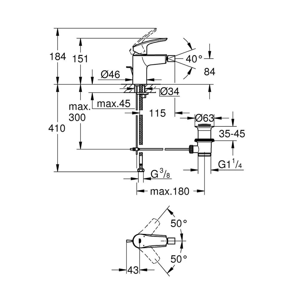 Baterie bideu Grohe Eurosmart S-Size new, 3/8'', monocomanda