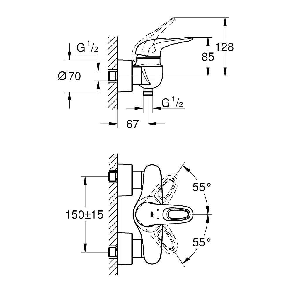 Baterie dus Grohe Eurostyle New , maner loop, 1/2'', monocomanda, cartus ceramic