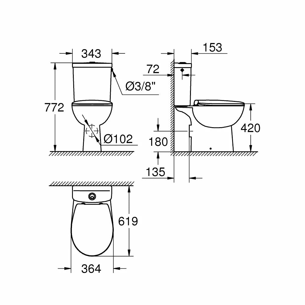 Set vas WC Grohe Bau Ceramic evacuare laterala cu rezervor alimentare laterala si capac soft-close, alb lucios, inchidere lenta