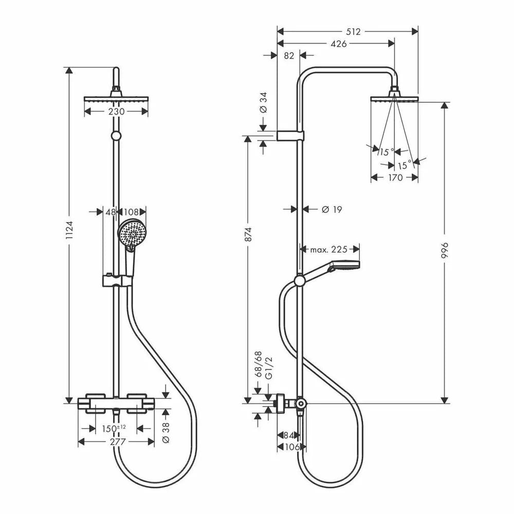 Sistem dus termostatic Hansgrohe Vernis Shape 230, 1 jet, crom, termostatata