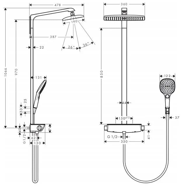 Sistem dus Hansgrohe Raindance e 360 1JET termostatic, crom, termostatata