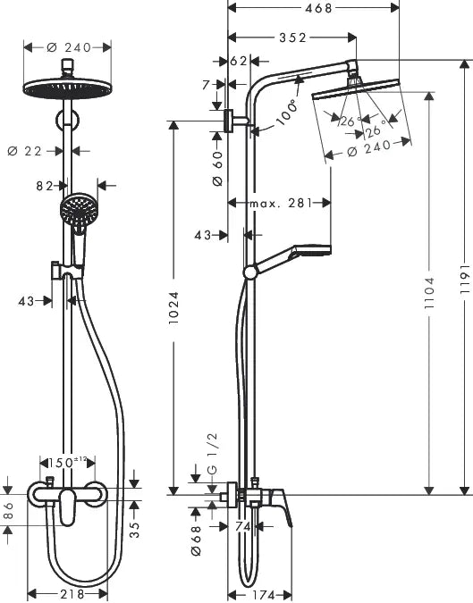 Sistem de dus Hansgrohe Crometta s 240 cu baterie monocomanda, 1 jet