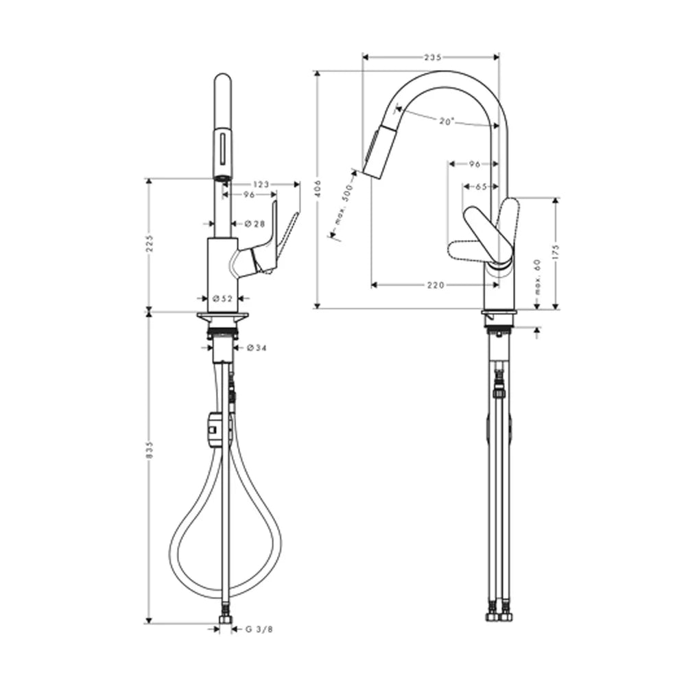 Baterie bucatarie pipa inalta extractibila Hansgrohe Focus E2 crom