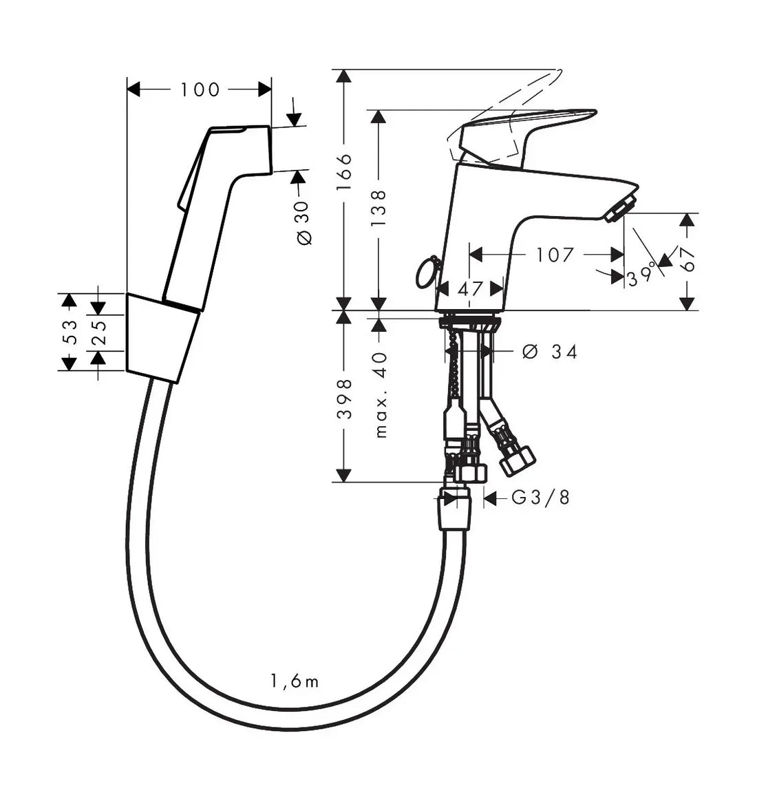 Baterie lavoar Hansgrohe Logis cu dus igienic, crom lucios