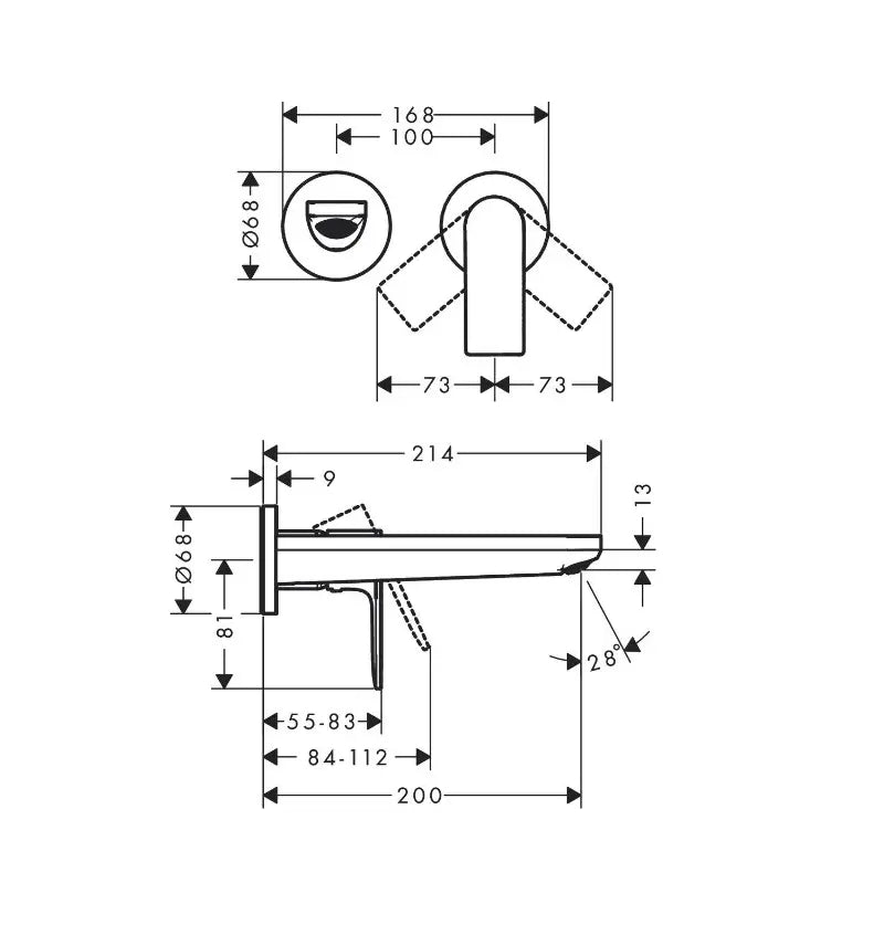Ornament baterie incastrata lavoar Hansgrohe Rebris e pipa 200 mm, crom, 1/2'', monocomanda