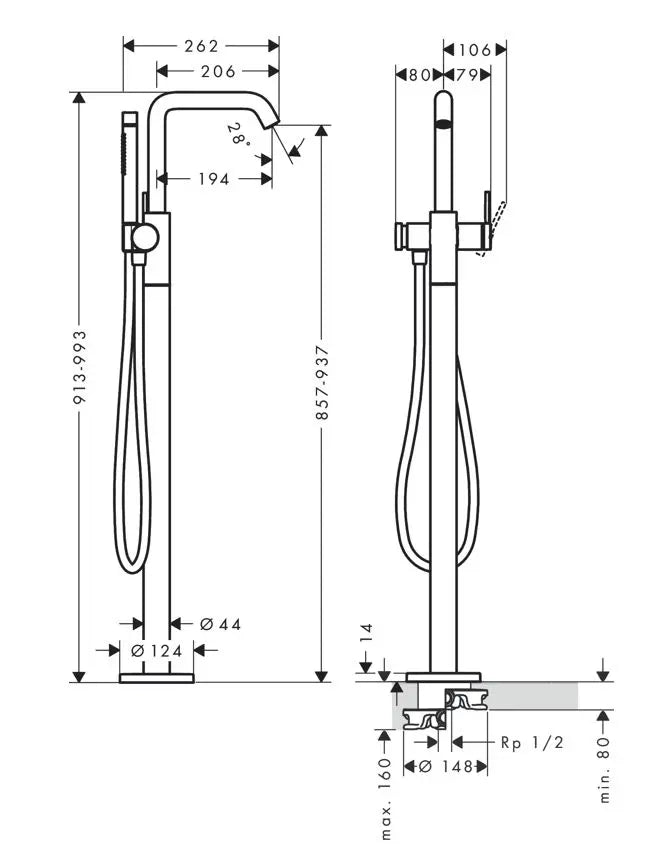 Baterie cada cu montaj pe pardoseala Hansgrohe Tecturis S negru mat