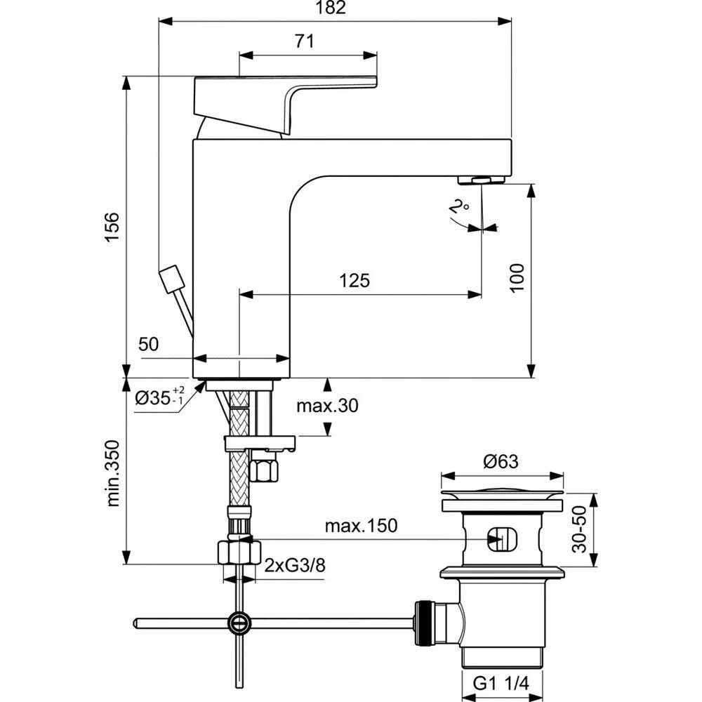 Baterie Ideal Standard lavoar edge cu ventil metalic , cartus de 38 mm