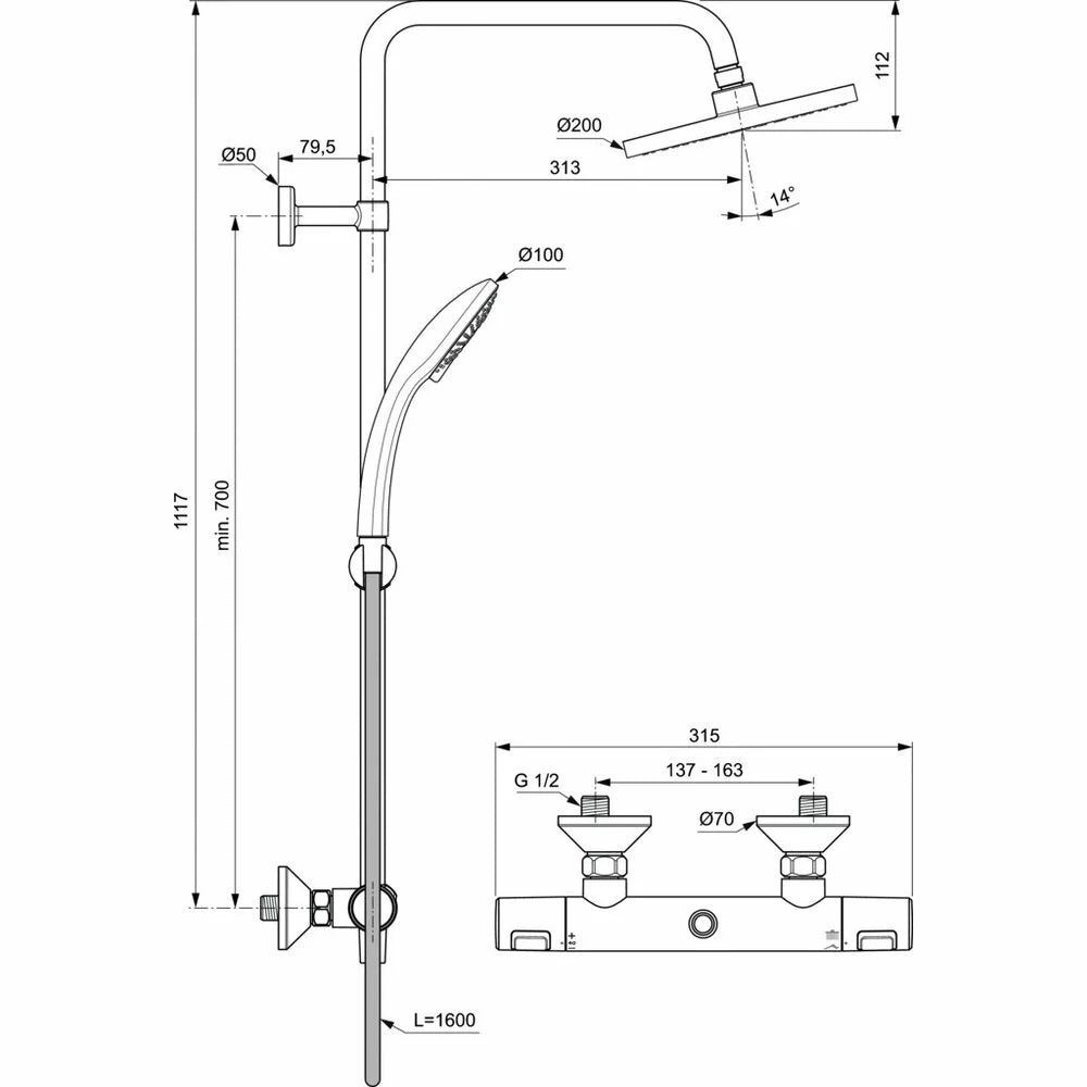 Sistem dus termostatic Ideal Standard Ceratherm T25, termostatata