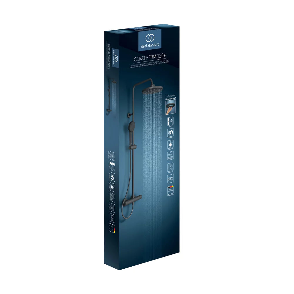 Sistem dus termostatic Ideal Standard Ceratherm T25+ , cap dus 260 mm 2 jeturi, furtun 1750MM si para 100MM 2 jeturi, silk black