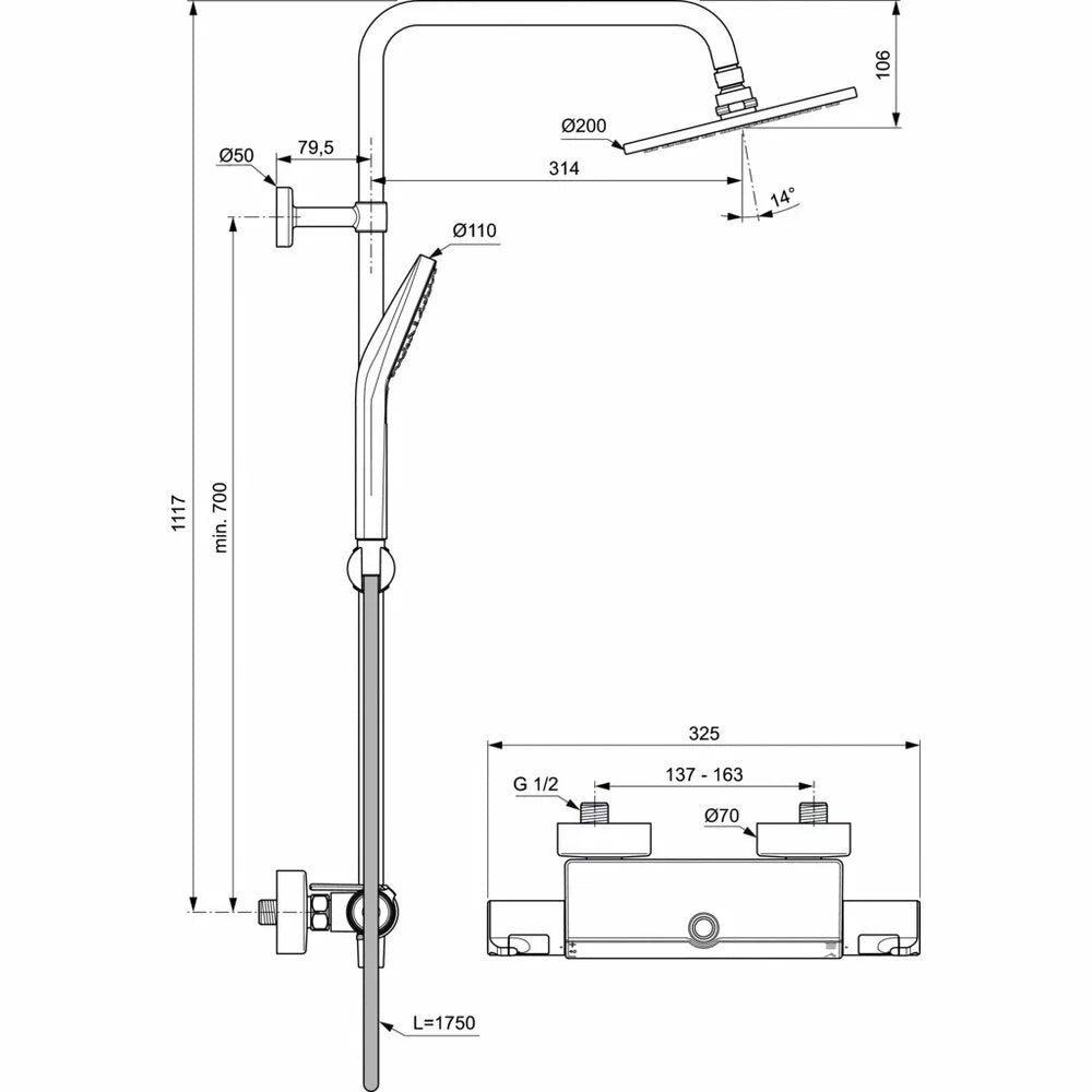Sistem dus termostatic Ideal Standard Ceratherm T50 cu etajera depozitare, termostatata
