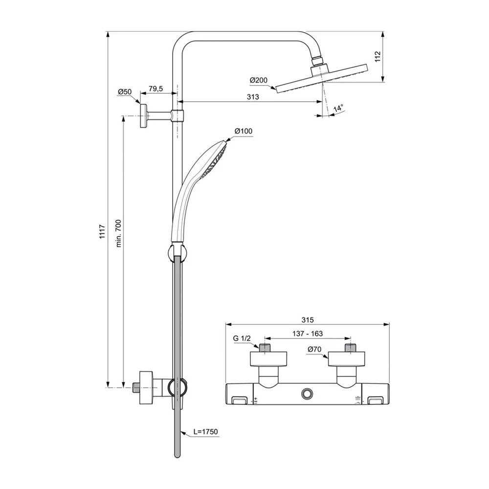 Sistem dus Ideal Standard Ceratherm T25 silk black, cap dus 200MM, furtun 175MM si para 100MM