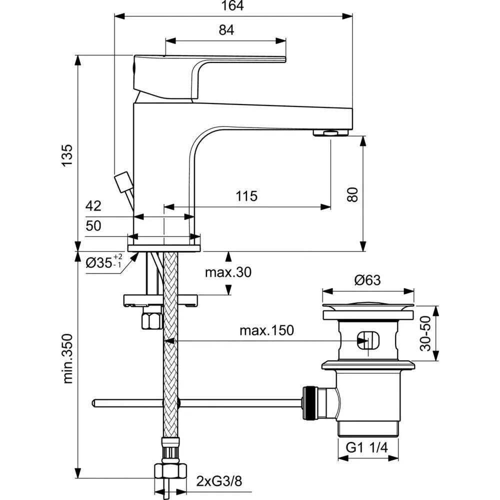 Baterie lavoar Ideal Standard Cerafine d H80 cu ventil metalic
