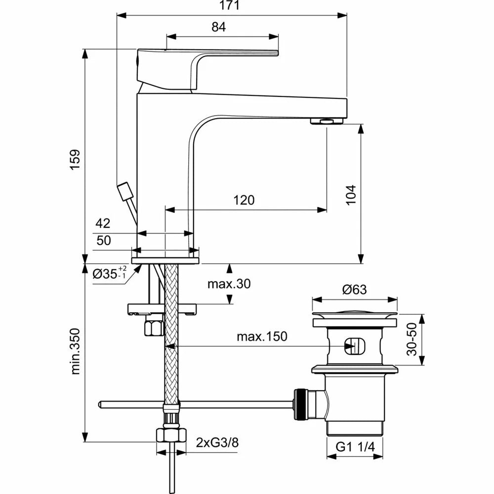 Baterie lavoar Ideal Standard Cerafine d H105 cu ventil metalic