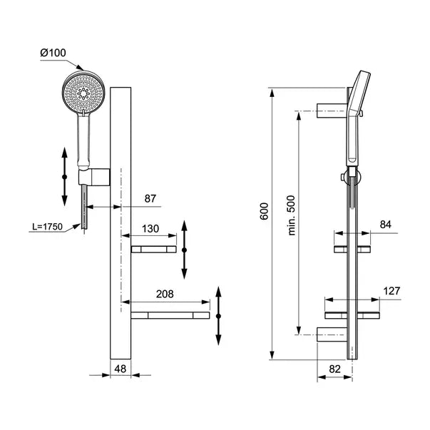 Set Ideal Standard dus idealrain alu+, bara dus 600MM, para 100MM 2 jeturi, furtun 1750MM, rose