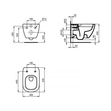 Vas WC tesi Ideal Standard suspendat rimless+, 53X36 cm, fixare complet ascunsa easyfix+, negru mat