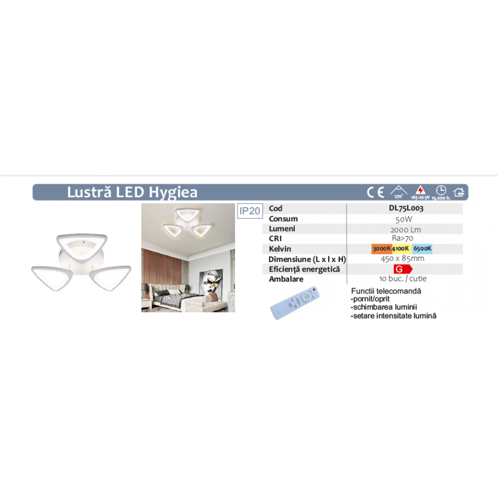 LUSTRA LED DIMABILA 50W CU 3 BRATE 3 CULORI+IR 450mm x 85mm